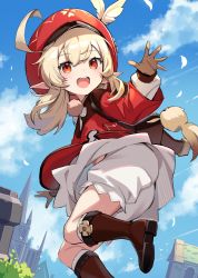 Rule 34 | 1girl, ahoge, blonde hair, bloomers, blue sky, boots, brown footwear, brown gloves, cloud, commentary request, day, genshin impact, gloves, hat, highres, icomochi, klee (genshin impact), looking at viewer, medium hair, open mouth, red eyes, red hat, sky, smile, solo, underwear