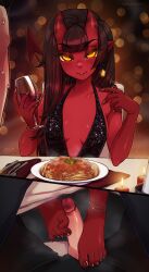 Rule 34 | 1boy, 1girl, black hair, blurry, blurry background, breasts, candle, colored skin, cup, demon girl, drinking glass, food, footjob, freckles, hetero, highres, holding, holding cup, horns, long hair, medium breasts, meruccubus (merunyaa), merunyaa, mole, mole under eye, original, penis, plate, pointy ears, red skin, smile, teeth, under table, wine glass, yellow eyes