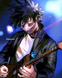 Rule 34 | 1boy, artist name, black hair, black jacket, boku no hero academia, burn scar, cheek piercing, choker, dabi (boku no hero academia), closed eyes, guitar, highres, holding, holding instrument, instrument, jacket, jewelry, male focus, multiple scars, music, piercing, playing instrument, plectrum, ring, scar, scar on face, scar on hand, scar on neck, sharl0ck, shirt, solo, spiked hair, staple, stapled, stitches, white shirt