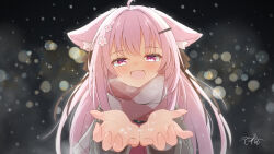 Rule 34 | 1girl, :d, ahoge, animal ear fluff, animal ears, blush, cat ears, commentary request, commission, coreytaiyo, dated, flower, fringe trim, grey jacket, hair flower, hair intakes, hair ornament, hairclip, hands up, highres, jacket, long hair, looking at viewer, nose blush, open clothes, open jacket, open mouth, original, pink hair, purple eyes, scarf, signature, skeb commission, smile, solo, upper body, very long hair, white flower