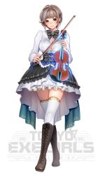 Rule 34 | 1girl, blue hair, boots, bow, bow (music), bowtie, breasts, brown eyes, brown footwear, brown hair, bursting breasts, buttons, cleavage, commentary, corset, cross-laced footwear, dress, fingernails, frills, full body, highres, holding, instrument, knee boots, lace-up boots, large breasts, lips, logo, long sleeves, looking at viewer, masami chie, multicolored hair, neon trim, official art, shirt, short dress, short hair, simple background, smile, solo, standing, thighhighs, tokyo exe girls, violin, white background, white shirt, white thighhighs, zettai ryouiki