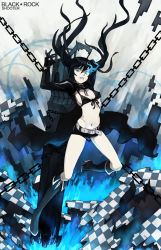 Rule 34 | 10s, 1girl, belt, bikini, bikini top only, black hair, black rock shooter, black rock shooter (character), blue eyes, boots, caee penguin, chain, female focus, front-tie top, full body, gloves, glowing, glowing eye, high heels, highres, long hair, navel, shoes, short shorts, shorts, solo, swimsuit, twintails