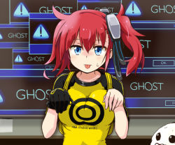 Rule 34 | 1girl, aiba ami, bakemon, blue eyes, digimon, digimon ghost game, digimon story: cyber sleuth, gloves, red hair, tongue, tongue out