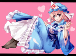 Rule 34 | 1girl, arm garter, black pantyhose, blue hat, blue kimono, blush, commentary request, hair between eyes, hat, heart, hitodama, japanese clothes, kimono, knees up, letterboxed, long sleeves, looking at viewer, mob cap, nagare, no shoes, obi, pantyhose, pink background, pink eyes, pink hair, reclining, saigyouji yuyuko, sash, short hair, simple background, sitting, smile, solo, touhou, triangular headpiece, w, wide sleeves