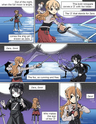 Rule 34 | 2girls, abyssal ship, ascot, bare shoulders, battle, bird, black bow, black dress, blonde hair, blue eyes, bow, braid, colored skin, comic, detached sleeves, dress, duel, english text, faceoff, fighting stance, flat chest, fox, french braid, full moon, horizon, isolated island oni, kantai collection, lolita fashion, miniskirt, moon, multiple girls, night, night sky, ocean, outdoors, pantyhose, parody, peacock, pun, red eyes, red skirt, sixten, skirt, skirt set, sky, star (sky), starry sky, sword, torn clothes, weapon, white skin, zara (kancolle), zorro