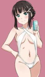 Rule 34 | 10s, 1girl, black hair, breasts, brown background, can, collarbone, commentary request, cowboy shot, criss-cross halter, green eyes, hair ornament, hair stick, hair up, hairclip, halterneck, hand on own hip, holding, holding can, kurosawa dia, looking at viewer, love live!, love live! sunshine!!, maroon background, medium breasts, mole, mole under mouth, navel, one-piece swimsuit, sidelocks, simple background, slingshot swimsuit, smile, solo, standing, swimsuit, turkey min, white one-piece swimsuit