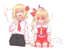 Rule 34 | ..., 2girls, :t, ^ ^, adjusting clothes, adjusting necktie, arm support, aroused, ascot, black skirt, blush stickers, bow, closed eyes, closed mouth, collarbone, collared shirt, constricted pupils, cowboy shot, emphasis lines, facing viewer, fang, flandre scarlet, flying sweatdrops, furrowed brow, hair between eyes, hair bow, hand up, high-waist skirt, invisible chair, long hair, long sleeves, looking at another, looking to the side, loose necktie, low wings, multiple girls, necktie, no vest, open collar, open mouth, pointy ears, puffy short sleeves, puffy sleeves, red eyes, red necktie, red skirt, red vest, round teeth, rumia, shamo (koumakantv), shirt, shirt tucked in, short hair, short sleeves, side-by-side, side ponytail, sidelocks, simple background, sitting, skirt, skirt set, slit pupils, sound effects, sweat, teeth, touhou, translation request, upper teeth only, vest, wavy hair, white background, white shirt, wing collar, wings, yellow ascot, yuri