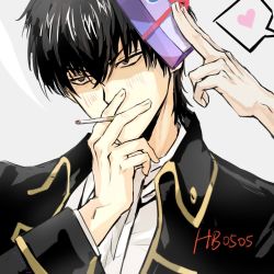 Rule 34 | 1boy, between fingers, black eyes, black hair, black jacket, blush, box, cigarette, collared shirt, commentary, commentary request, dated, english commentary, gift, gift box, gintama, giving, grey background, hair between eyes, happy birthday, heart, hijikata toushirou, holding, holding gift, jacket, long sleeves, looking away, male focus, military jacket, mixed-language commentary, mouth hold, out of frame, shirt, short hair, solo focus, spoken heart, upper body, white shirt, zzyzzyy