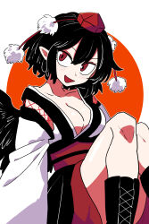 Rule 34 | 1girl, :d, bare shoulders, bird wings, black footwear, black hair, black kimono, black wings, bollzzalguy, boots, border, breasts, cleavage, collarbone, commentary request, convenient leg, cross-laced footwear, detached sleeves, feathered wings, hat, highres, japanese clothes, kimono, kourindou tengu costume, long sleeves, medium breasts, obi, open mouth, orange background, pom pom (clothes), red eyes, red hat, red kimono, red sash, sash, shameimaru aya, short hair, sitting, smile, solo, touhou, v-shaped eyebrows, white border, white kimono, wide sleeves, wings