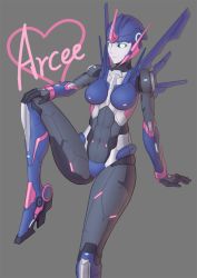 Rule 34 | 1girl, arcee, arcee (prime), autobot, blue eyes, breasts, female focus, grey background, highres, legs, mecha girl, sitting, solo, transformers, transformers prime