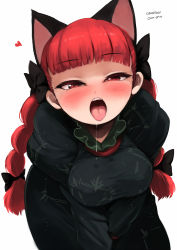 Rule 34 | 1girl, animal ears, ario, blush, braid, cat ears, cat girl, extra ears, face, female focus, highres, kaenbyou rin, open mouth, red eyes, red hair, saliva, sexually suggestive, short hair, solo, tongue, tongue out, touhou, twin braids, twintails
