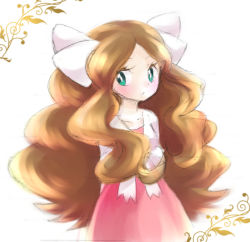 Rule 34 | 1girl, arms behind back, blonde hair, blush, caitlin (pokemon), collarbone, creatures (company), dress, elite four, female focus, frontier brain, game freak, green eyes, hair ornament, hair ribbon, long hair, looking to the side, nintendo, pink dress, pokemon, pokemon dppt, pokemon platinum, ribbon, sawarabi (sawarabi725), shirt, simple background, solo, standing, white background, white ribbon, white shirt