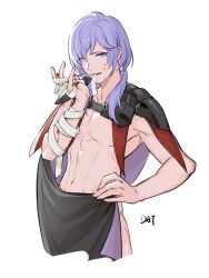 Rule 34 | 1boy, absurdres, bandages, cape, commentary request, da-cart, fire emblem, fire emblem: three houses, highres, long hair, looking at viewer, male focus, nintendo, nude, purple eyes, purple hair, shoulder pads, simple background, smile, solo, upper body, white background, yuri leclerc