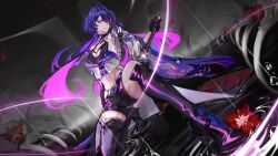 Rule 34 | 1rinchii, acheron (honkai: star rail), armor, asymmetrical legwear, bandaged leg, bandages, belt, black belt, black choker, black gloves, black shorts, boots, breasts, choker, cleavage, coat, coattails, commentary, criss-cross halter, earrings, english commentary, flower, full body, glint, gloves, glowing, glowing eye, hair ornament, hair over one eye, halterneck, holding, holding sword, holding weapon, honkai: star rail, honkai (series), jewelry, knee boots, large breasts, looking at viewer, midriff, multicolored hair, navel, on one knee, parted lips, purple eyes, purple hair, rain, red flower, ripples, shorts, shoulder armor, single knee boot, single thigh boot, single wide sleeve, streaked hair, sword, thigh boots, thighs, wading, water, weapon, white coat