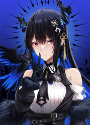 Rule 34 | 1girl, absurdres, asymmetrical horns, bare shoulders, black bow, black bowtie, black gloves, black hair, blue background, blue hair, bow, bowtie, breasts, colored inner hair, demon horns, fur trim, gloves, hair between eyes, hair ornament, highres, hololive, hololive english, horn flower, horns, index finger raised, large breasts, long hair, looking at viewer, medium breasts, mole, mole under eye, multicolored hair, nerissa ravencroft, nerissa ravencroft (1st costume), niie, red eyes, shadow (nerissa ravencroft), smile, solo, two-tone hair, uneven horns, virtual youtuber