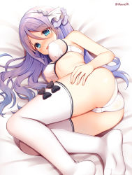 Rule 34 | 1girl, :d, ass, bare arms, bare shoulders, bed sheet, black bow, blue eyes, blush, bow, bra, breasts, commentary request, hair between eyes, hair ribbon, hairband, highres, long hair, looking at viewer, lying, mauve, medium breasts, no shoes, on side, open mouth, panties, princess connect!, purple hair, ribbon, shizuru (princess connect!), smile, soles, solo, thighhighs, underwear, underwear only, very long hair, white bra, white hairband, white panties, white ribbon, white thighhighs