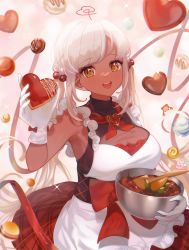 Rule 34 | 1girl, 2nii, :d, apron, breasts, brown eyes, candy, chocolate, chocolate heart, cleavage, cooking, corn, dark-skinned female, dark skin, food, frilled apron, frills, gloves, hair ornament, heart, hololive, hololive english, kaniko (tsukumo sana), large breasts, limiter (tsukumo sana), long hair, looking at viewer, open mouth, planet hair ornament, see-through, see-through cleavage, sidelocks, silver hair, smile, solo, tsukumo sana, twintails, usaslug (tsukumo sana), valentine, very long hair, virtual youtuber, white apron, white gloves