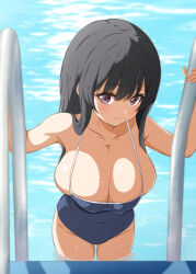 Rule 34 | 1girl, bare arms, bare shoulders, black hair, blue one-piece swimsuit, breasts, cleavage, closed mouth, collarbone, commentary request, covered navel, hair between eyes, huge breasts, long hair, looking at viewer, one-piece swimsuit, original, outdoors, pool, pool ladder, poolside, purple eyes, school swimsuit, sidelocks, solo, standing, swimsuit, taut clothes, taut swimsuit, tsurukusa ponzu, undersized clothes