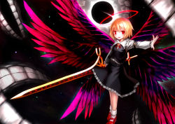 Rule 34 | 1girl, bad id, bad pixiv id, blonde hair, blush, darkness, ex-rumia, open mouth, outstretched arm, red eyes, ribbon, rumia, short hair, skirt, smile, solo, spark621, sword, touhou, weapon, wings