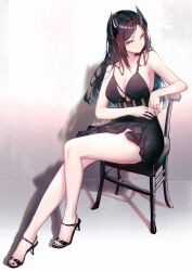 Rule 34 | 1girl, absurdres, arknights, armpits, bare arms, bare legs, bare shoulders, black hair, black skirt, chair, chibi, chibi on head, demon horns, dress, evening gown, feet, high heels, highres, horns, ines (arknights), jewelry, leria v, long hair, looking at viewer, no bra, on head, parted bangs, ring, sitting, skirt, thighs, toenails, toes, yellow eyes