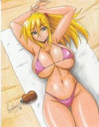 Rule 34 | 1girl, 2021, armpits, arms behind head, arms up, bikini, blonde hair, bottle, breasts, cleavage, eyeshadow, green eyes, highres, large breasts, legs, lotion bottle, makeup, navel, nina (sanity not included), pink bikini, ponytail, ravernclouk design, sand, sanity not included, solo, swimsuit, thick thighs, thighs, thong bikini, tight clothes, toned, towel, traditional media