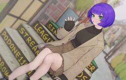 Rule 34 | 1girl, black shirt, blurry, blurry background, bob cut, brown skirt, coat, depth of field, dutch angle, green eyes, grey coat, grin, highres, indie virtual youtuber, long sleeves, looking at viewer, open clothes, open coat, podone, purple hair, shirt, shoes, short hair, signature, sitting, sitting on stairs, skirt, sleeves past wrists, smile, solo, sparrowl, stairs, virtual youtuber, waving