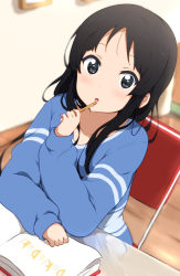 Rule 34 | 1girl, akiyama mio, bad id, bad pixiv id, black eyes, black hair, blurry, blush, book, depth of field, desk, highres, hime cut, icehotmilktea, k-on!, long hair, looking at viewer, open mouth, pen, reflection, solo
