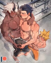 Rule 34 | 3boys, abs, artist name, bara, barefoot, biceps, black skin, blonde hair, blue eyes, blue hair, blush, bulge, colored skin, demon, demon boy, demon horns, floody (paradiso guardian), gym, highres, horns, lenga valentine, looking at another, male focus, manly, mature male, multiple boys, muscular, muscular male, nipples, pants, paradiso guardian, patreon logo, patreon username, pectoral docking, pectoral press, pectorals, pointy ears, red eyes, short hair, signature, smirk, spiked hair, steam, teeth, thick arms, thick eyebrows, topless male, track pants, veins, vitos (paradiso guardian), white hair, yuyaowl