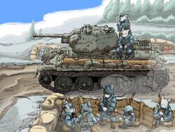 6+boys blue_coat cannon coat furry gun helmet highres huddle log military_vehicle motor_vehicle multiple_boys on_tank original rifle sandbag submachine_gun suomi_kp/-31 tank trench_coat turret vehicle_focus vehicle_request weapon yabarn