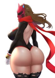 Rule 34 | 1girl, arms at sides, ass, back, backless outfit, bare back, breasts, brown hair, chinese text, cowboy shot, from behind, gloves, highres, huge ass, huge breasts, legs together, leotard, long hair, long sleeves, looking back, mask, original, red scarf, remomon0, scarf, shiny clothes, shiny skin, shoulder blades, shoutao, sideboob, simplified chinese text, solo, standing, thick thighs, thighhighs, thighs, torn clothes, torn thighhighs, white background, white gloves