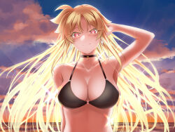 Rule 34 | 1girl, arm behind head, armpits, bare shoulders, bikini, black bikini, black collar, blonde hair, blush, breasts, cleavage, closed mouth, collar, collarbone, commentary, earrings, evening, fate testarossa, hand up, heart, heart-shaped pupils, highres, jewelry, large breasts, light smile, lyrical nanoha, mahou shoujo lyrical nanoha strikers, o-ring, o-ring bikini, o-ring top, ocean, outdoors, parted bangs, red eyes, sky, solo, sougetsu izuki, swimsuit, symbol-shaped pupils, upper body