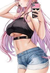 Rule 34 | 1girl, adjusting hair, arm up, bare shoulders, black shirt, breasts, cellphone, cowboy shot, crop top, denim, denim shorts, earrings, head out of frame, heart, heart earrings, highres, holding, holding phone, hololive, hololive english, jewelry, large breasts, long hair, midriff, mori calliope, navel, parted lips, phone, pink eyes, pink hair, piukute062, selfie, shirt, shorts, sidelocks, simple background, smartphone, smartphone case, solo, underboob, unfinished, virtual youtuber, white background