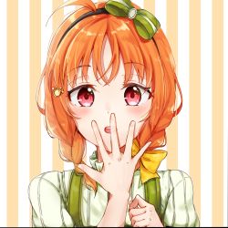 Rule 34 | 1girl, ahoge, alternate hairstyle, blush, bow, braid, covering own mouth, female focus, hair bow, hand over own mouth, looking at viewer, love live!, love live! school idol festival, love live! sunshine!!, open mouth, orange hair, portrait, red eyes, solo, striped, striped background, takami chika, zyenokana