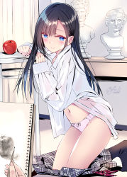 Rule 34 | 1girl, 1other, apple, black hair, black socks, blue eyes, blush, bow, bow panties, bowtie, unworn bowtie, classroom, closed mouth, curtains, day, dress shirt, food, fruit, highres, holding, holding pencil, indoors, kneeling, kobayashi chisato, leaning to the side, long hair, long sleeves, looking at viewer, navel, notebook, open clothes, open shirt, original, panties, pencil, pink panties, plaid, plaid skirt, pleated skirt, pov, pov hands, red bow, red bowtie, school uniform, see-through, see-through shirt, shirt, sidelocks, signature, skirt, unworn skirt, socks, solo focus, statue, stomach, stool, swept bangs, thighs, underwear, undressing, upper body, white shirt