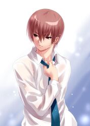 Rule 34 | 1boy, adjusting clothes, adjusting necktie, blue background, blue necktie, brown hair, commentary request, dress shirt, eyelashes, eyes visible through hair, hair between eyes, hand up, lips, little busters!, long sleeves, looking to the side, natsume kyousuke, necktie, nose, one-hour drawing challenge, parted lips, red eyes, see-through, see-through shirt, shirt, short hair, simple background, solo, upper body, wet, wet clothes, white background, white shirt, zen (kamuro)