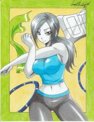 Rule 34 | 1girl, 2021, artist name, bare arms, bare shoulders, breasts, clothes writing, colored skin, female focus, grey eyes, grey hair, grey pants, highres, hoop, hula hoop, large breasts, midriff, navel, nintendo, pants, ponytail, ravernclouk design, smile, solo, sports bra, sportswear, stretching, towel, traditional media, white skin, wii fit, wii fit balance board, wii fit trainer, wii fit trainer (female)