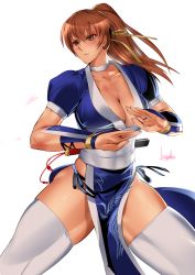 Rule 34 | 1girl, bowalia, breasts, cleavage, dead or alive, kasumi (doa), large breasts, pelvic curtain, ponytail, solo, thighhighs, thighs, weapon, weapon on back, white thighhighs