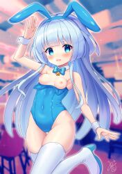 Rule 34 | 1girl, animal ears, blue bow, blue bowtie, blue eyes, blue leotard, bow, bowtie, breasts, detached collar, fake animal ears, flower knight girl, hatsuyukisou (flower knight girl), highres, leotard, long hair, minkusu, open mouth, playboy bunny, rabbit ears, rabbit tail, round teeth, small breasts, smile, solo, strapless, strapless leotard, tail, teeth, thighhighs, upper teeth only, wardrobe malfunction, white hair, white thighhighs, wrist cuffs