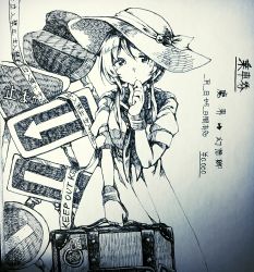 Rule 34 | 1girl, commentary request, dress, greyscale, hat, hat ribbon, highres, looking at viewer, louise (touhou), monochrome, neckerchief, ribbon, road sign, sailor collar, short sleeves, sign, suitcase, sun hat, thinking, touhou, touhou (pc-98), traditional media, translation request, upper body, wadante, wrist cuffs