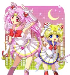 Rule 34 | 1990s (style), 2girls, age switch, aged down, aged up, bishoujo senshi sailor moon, bishoujo senshi sailor moon supers, blonde hair, blue eyes, boots, bow, brooch, chibi usa, choker, crescent, crescent earrings, crescent moon, crystal carillon, earrings, elbow gloves, gloves, gradient background, jewelry, kairi (oro-n), kaleidomoon scope, knee boots, long hair, magical girl, moon, multiple girls, pink background, pink footwear, pink hair, pleated skirt, red bow, red eyes, red footwear, retro artstyle, role reversal, sailor chibi moon, sailor collar, sailor moon, sailor senshi, short hair, skirt, smile, standing, star (symbol), starry background, super sailor chibi moon, super sailor moon, tiara, tsukino usagi, twintails, v, white gloves, yellow background