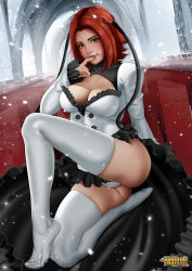 Rule 34 | 1girl, bad id, bad pixiv id, bloodrayne, bloodrayne (videogame), breasts, cleavage, cleavage cutout, clothing cutout, dhampir, fangs, finger to mouth, green eyes, half-human, lips, looking at viewer, medium breasts, nail polish, nefrubi, panties, red hair, short hair, sitting, solo, thighhighs, undead, underwear, vampire, white panties, white thighhighs
