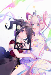 Rule 34 | 1girl, 2girls, abstract background, absurdres, ame-chan (needy girl overdose), black hair, black nails, black ribbon, blue eyes, blue hair, blue nails, blush, bow, chouzetsusaikawa tenshi-chan, crying, crying with eyes open, dual persona, empty picture frame, glitch, grey hair, hair bow, hair ornament, highres, holographic clothing, iei, long hair, momuraer, multicolored hair, multicolored nails, multiple girls, multiple hair bows, nail polish, neck ribbon, needy girl overdose, open mouth, parted lips, picture frame, pin, pink hair, pink nails, pleated skirt, purple eyes, quad tails, red nails, ribbon, sailor collar, saliva, school uniform, serafuku, skirt, smile, suspender skirt, suspenders, tears, twintails, v, very long hair, x hair ornament, yellow bow