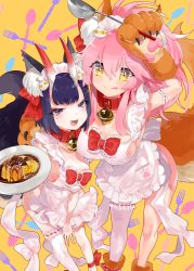 Rule 34 | 2girls, :d, :q, aano (10bit), absurdres, animal ears, animal hands, apron, bell, breasts, cleavage, collar, covered erect nipples, eyeliner, fang, fate/grand order, fate (series), food, fox ears, fox tail, hair ornament, highres, horns, ladle, large breasts, leaning forward, long hair, looking at viewer, maid headdress, makeup, medium breasts, multiple girls, naked apron, neck bell, omelet, omurice, oni, open mouth, pink hair, ponytail, purple eyes, purple hair, short hair, shuten douji (fate), single thighhigh, smile, standing, tail, tamamo (fate), tamamo cat (fate), tamamo cat (third ascension) (fate), thighhighs, tongue, tongue out, white legwear