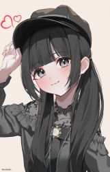 Rule 34 | 1girl, :3, absurdres, arm up, black eyes, black hair, black hat, black shirt, blunt bangs, blush, brown background, closed mouth, daimi 94, frilled shirt, frills, hand on headwear, hat, head tilt, heart, highres, long hair, long sleeves, low twintails, original, shirt, simple background, smile, solo, twintails, upper body