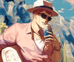 Rule 34 | 1boy, brown hair, buzz cut, cocktail glass, cup, drinking glass, drinking straw, fedora, formaggio, grin, hat, jewelry, jojo no kimyou na bouken, male focus, mountain, necklace, pink shirt, red hair, shirt, short hair, smile, solo, sunglasses, very short hair, yepnean