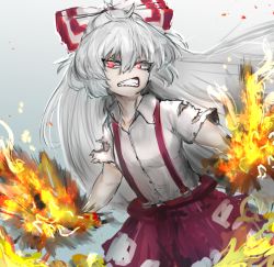 Rule 34 | 1girl, adeshi (adeshi0693119), boku no hero academia, bow, clenched teeth, collared shirt, commentary request, fire, floating hair, fujiwara no mokou, glowing, glowing eyes, grey hair, hair between eyes, hair bow, long hair, looking at viewer, pants, parody, red eyes, red pants, red pupils, shirt, short sleeves, solo, suspenders, teeth, torn clothes, torn sleeves, touhou, upper body, v-shaped eyebrows, very long hair, white shirt, wing collar