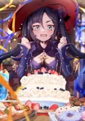 Rule 34 | 1girl, absurdres, asahi (vjss4548), birthday cake, black choker, black hair, blueberry, blurry, blurry background, blush, bottle, box, breasts, brooch, cake, choker, clenched hands, confetti, cup, doughnut, drinking glass, earrings, floating hair, food, fruit, fur collar, genshin impact, gift, green eyes, hands up, happy birthday, hat, highres, jewelry, medium breasts, mona (genshin impact), open mouth, plate, single earring, solo, sparkle, star (symbol), star earrings, strawberry, strawberry cake, twintails, waffle, witch hat