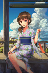 Rule 34 | 1girl, blue eyes, brown eyes, brown hair, cloud, commentary request, day, grin, holding, house, japanese clothes, kimono, long sleeves, looking at viewer, open mouth, original, outdoors, poripori, sash, short hair, sitting, smile, solo, sunlight, village, wide sleeves, wind chime, yokozuwari, yukata
