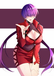 Rule 34 | 1girl, absurdres, blowing kiss, breasts, cleavage, cleavage cutout, clothing cutout, covered navel, hand on own thigh, heart, highres, large breasts, leaning forward, legs, low ponytail, orochi shermie, purple hair, shermie (kof), skirt, snk, solo, the king of fighters, thighs