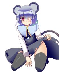 Rule 34 | 1girl, ;o, animal ears, black dress, black thighhighs, blue hair, blush, capelet, clothes lift, dress, dress lift, gluteal fold, highres, jewelry, kneeling, liya, long sleeves, looking at viewer, mouse ears, mouse tail, nazrin, one-hour drawing challenge, one eye closed, pendant, puffy long sleeves, puffy sleeves, red eyes, solo, tail, thighhighs, touhou, white background